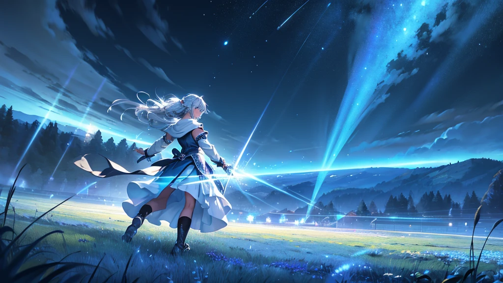 magical beam of silvery blue light streaking across the field