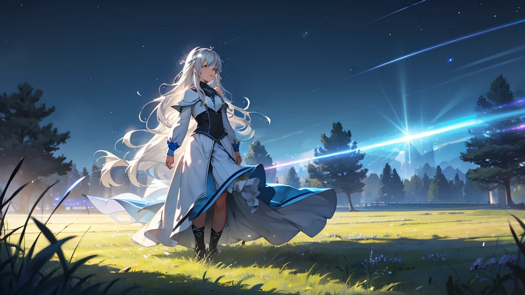 magical beam of silvery blue light streaking across the field