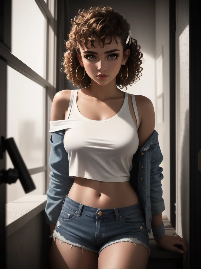 illustration, style of Philip Lorca diCorcia, cinematic film still portrait of young girl aged 18 yrs old, 1girl, solo, Instagram model, athletic figure, pretty face, wearing an off the shoulder white T-shirt, wearing jean shorts, light brown hair, short curly hair, crossed bangs, constricted pupils, hair ribbon, hoop earrings, cinematic lighting, Ultra-Wide Angle, Canon, Hyperrealism, UHD, masterpiece, textured skin, high details, best quality, detailed eyes, detailed iris, full body photo
