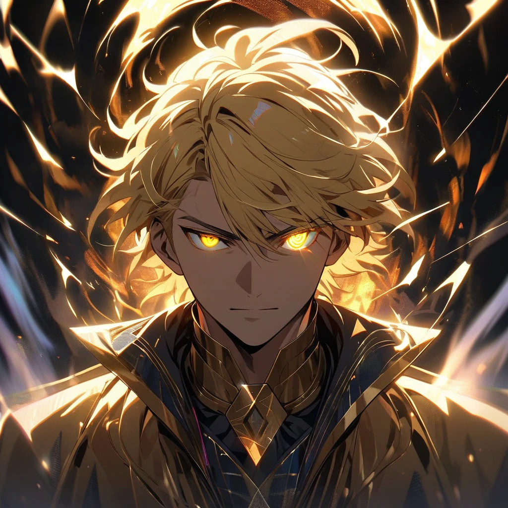 male, solo, handsome, blond hair, god, god eyes, glowing eyes, light, aura, holo, golden, triangle with eye