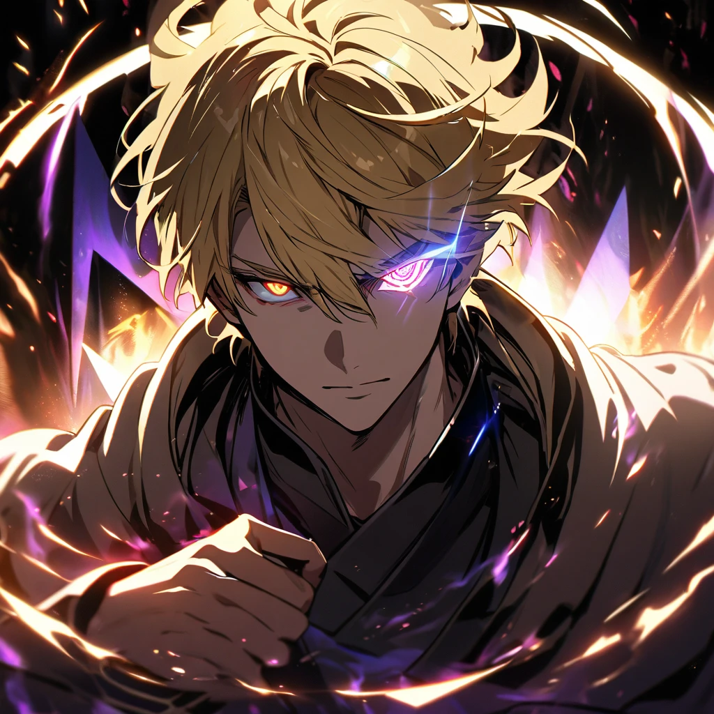 male, solo, handsome, blond hair, god, god eyes, glowing eyes, light, aura, holo, golden, triangle with eye