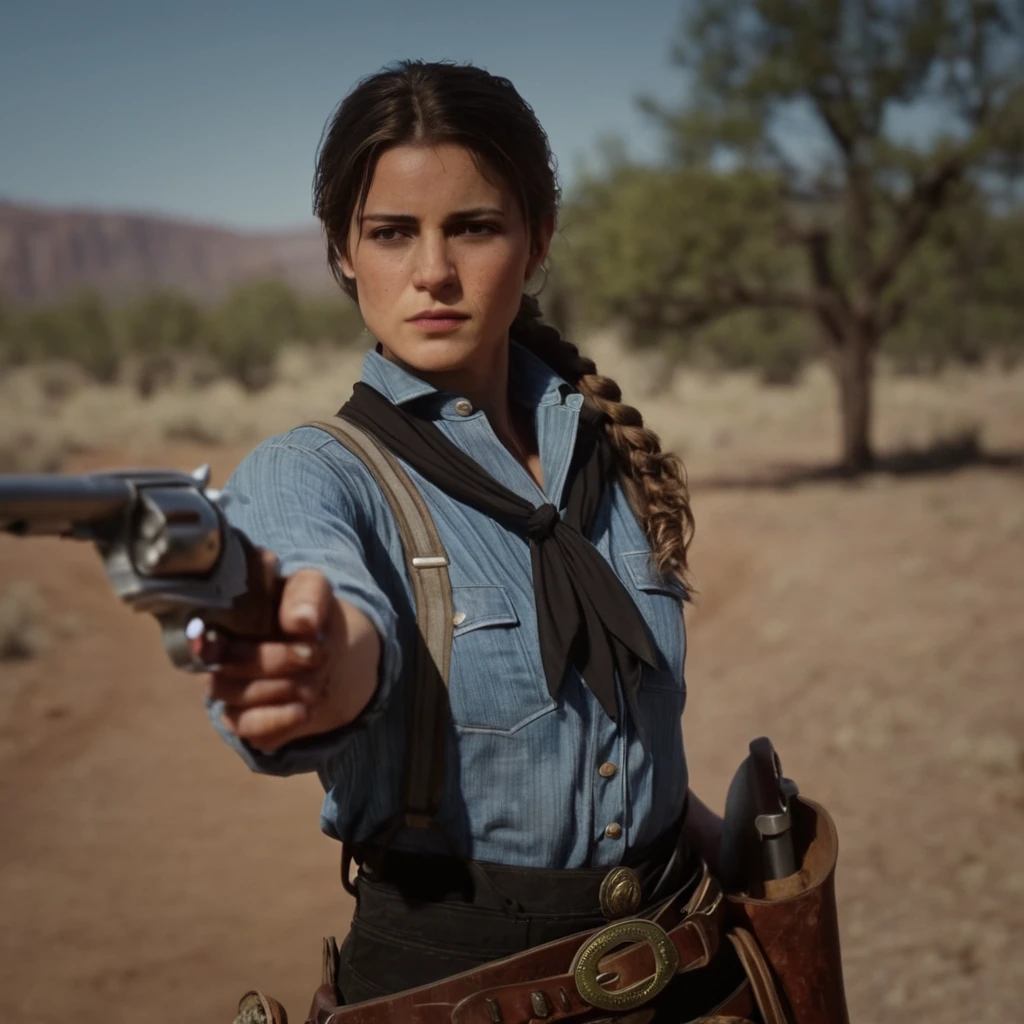 cinematographic film still of cinematographic film still of  a woman in a Cowboy outfit tenure a pistol,1 girl,Alone,looking at the viewer,Brown hair,gloves,has,tenure,Brown eyes,weapon,outdoor,belt,pants,tenure weapon,blurred,vest,pistol,blurred background,tenure pistol,rifle,handpistol,realist,learn,trigger discipline,submachine pistol,Cowboy has,shotpistol,Cowboy western , epic, western film, Adventures, proscribir, dead red, western film United States, wild West, Cowboy, cowgirl, Open world, 1900, realist, cinematographic, movie look, dramatic light, partially covered in shadows, gang, western film-themed action-adventure, dead red Redemption style, shallow depth of field, vignette, Very detailed, high budget, bokeh, cinemascope, moody, epic, gorgeous, film grain, naked grains without clothes