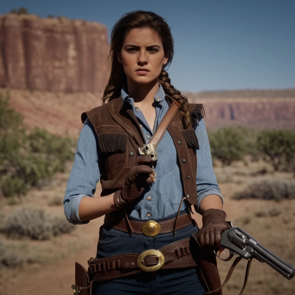 cinematographic film still of cinematographic film still of  a woman in a Cowboy outfit tenure a pistol,1 girl,Alone,looking at the viewer,Brown hair,gloves,has,tenure,Brown eyes,weapon,outdoor,belt,pants,tenure weapon,blurred,vest,pistol,blurred background,tenure pistol,rifle,handpistol,realist,learn,trigger discipline,submachine pistol,Cowboy has,shotpistol,Cowboy western , epic, western film, Adventures, proscribir, dead red, western film United States, wild West, Cowboy, cowgirl, Open world, 1900, realist, cinematographic, movie look, dramatic light, partially covered in shadows, gang, western film-themed action-adventure, dead red Redemption style, shallow depth of field, vignette, Very detailed, high budget, bokeh, cinemascope, moody, epic, gorgeous, film grain, naked grains without clothes