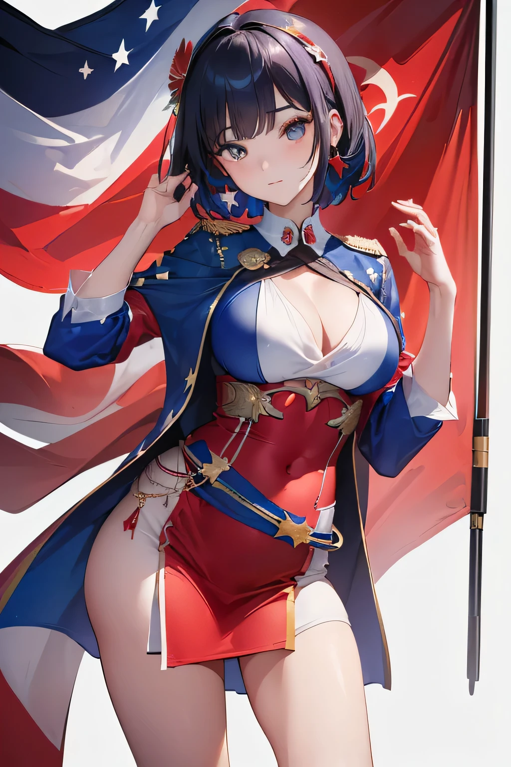 (((Costume inspired by the flag of the Republic of Turkey:1.3))),(((Woman in men's clothing:1.3))),(Crescent Flag),(masterpiece,Highest quality,Ultra-high resolution output images,Write boundary depth,Intricate details,Adding dimension to your subject with the contrast of light and shadow,Anatomically correct facial structure),(Picture Mode Ultra HD,)