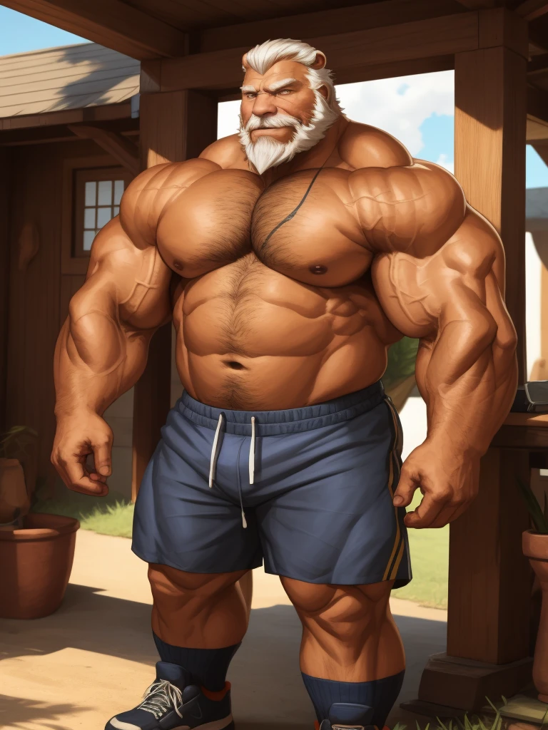 a potrait, half body, semirelistic:1.2, massive muscle, masterpiece, detailed face, muscular old man in front house, old man, bearded. white hair and beard, bearded, ((muscular, pectoral, wide pectoral, thick arm, huge arm)), realistic, 8k, masterpiece, (wearing shorts and shirtless:1.3, topless, shoes), smile, brown bear