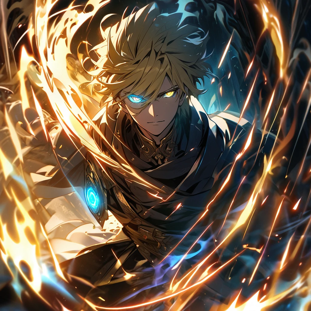 male, solo, handsome, blond hair, god, god eyes, glowing eyes, light, aura, holo, golden, triangle with eye