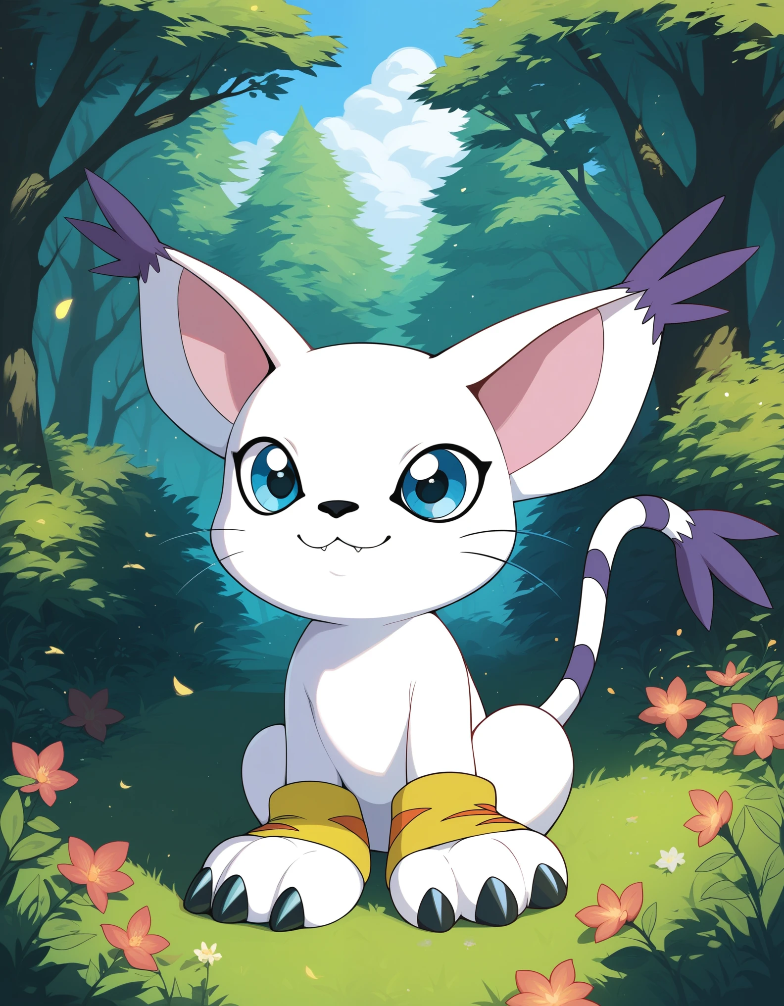 source_furry, absurdres, masterpiece, outstanding,, GATOMON, TAIL RING, RINGLESS, solo, digimon, in a forest, blue eyes, 