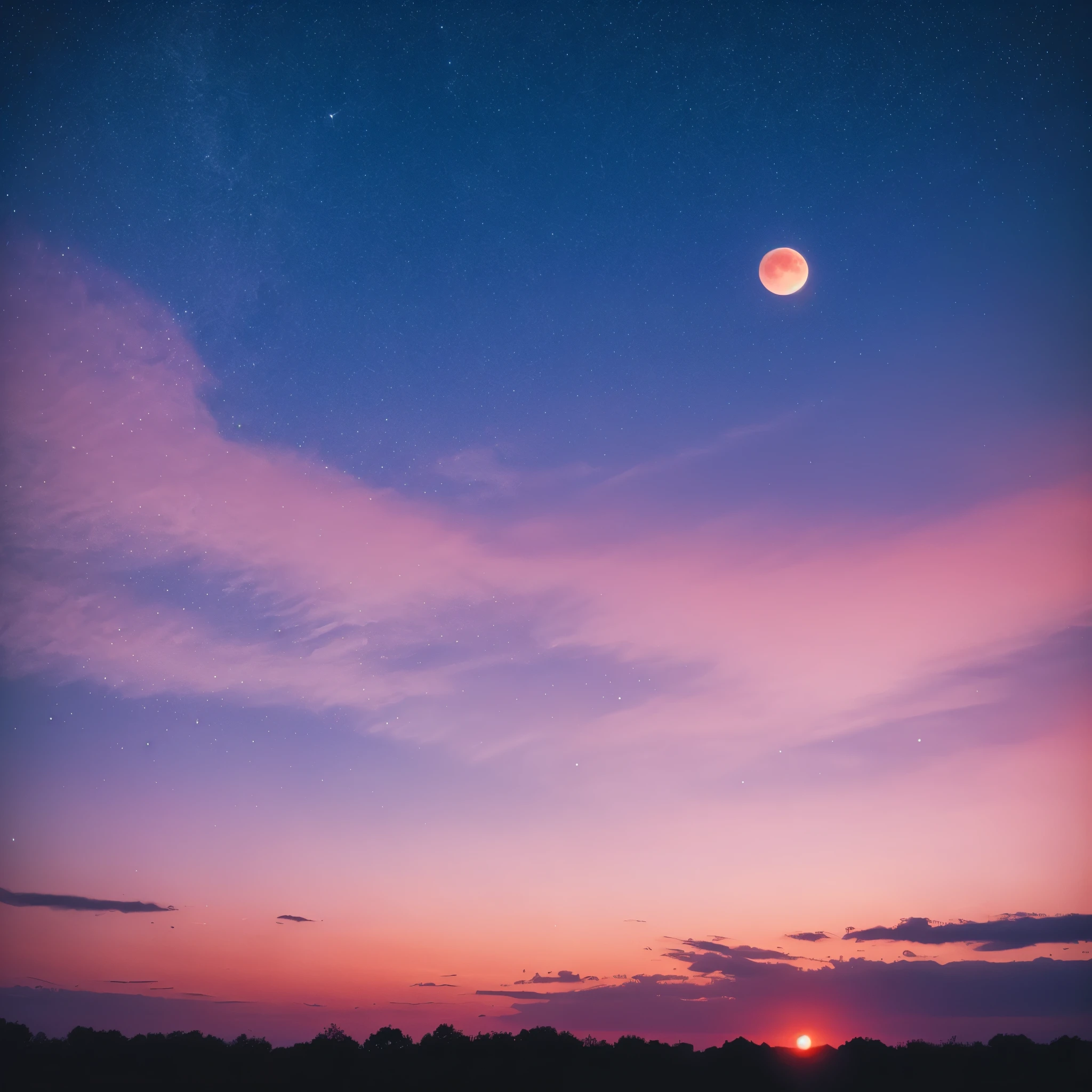 a pink moon in the sky with clouds and stars, a picture by Anna Haifisch, trending on unsplash, aestheticism, pink moon, โ๐ช๐๐ฉ๐พ, giant pink full moon, โจ๐๐, heaven pink, pink skies, beautiful as the moon, pink clouds, the sky is pink, moon in the sky