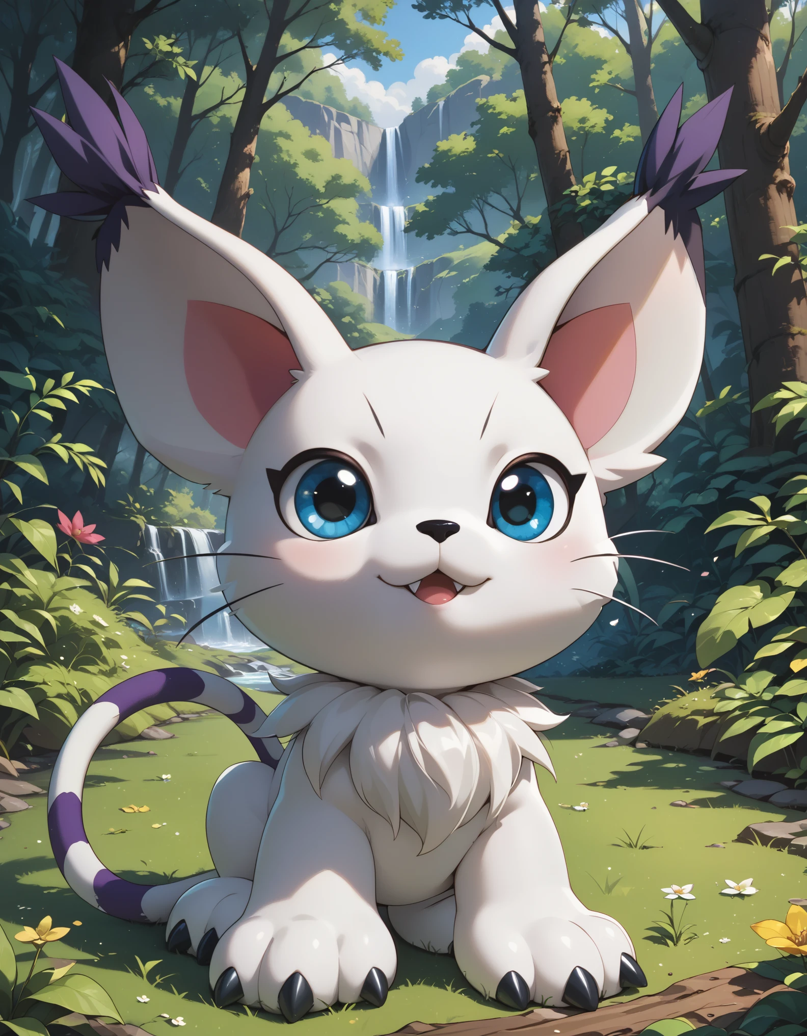  source_furry, absurdres, masterpiece, outstanding,, GATOMON, TAIL RING, RINGLESS, solo, digimon, in a forest, blue eyes, 