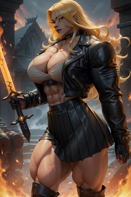 ((Close-up)), tall, (yellow hair) beautiful muscular woman, long flowing hair, light brown skinned, closed smile, (black lipstick), (massive muscles), (hyper muscle), (ginormous bulky muscles), glowing gray eyes, ((leather jacket and long pleated skirt)), (carrying a fire sword), choker, boots, night in a fire castle, 