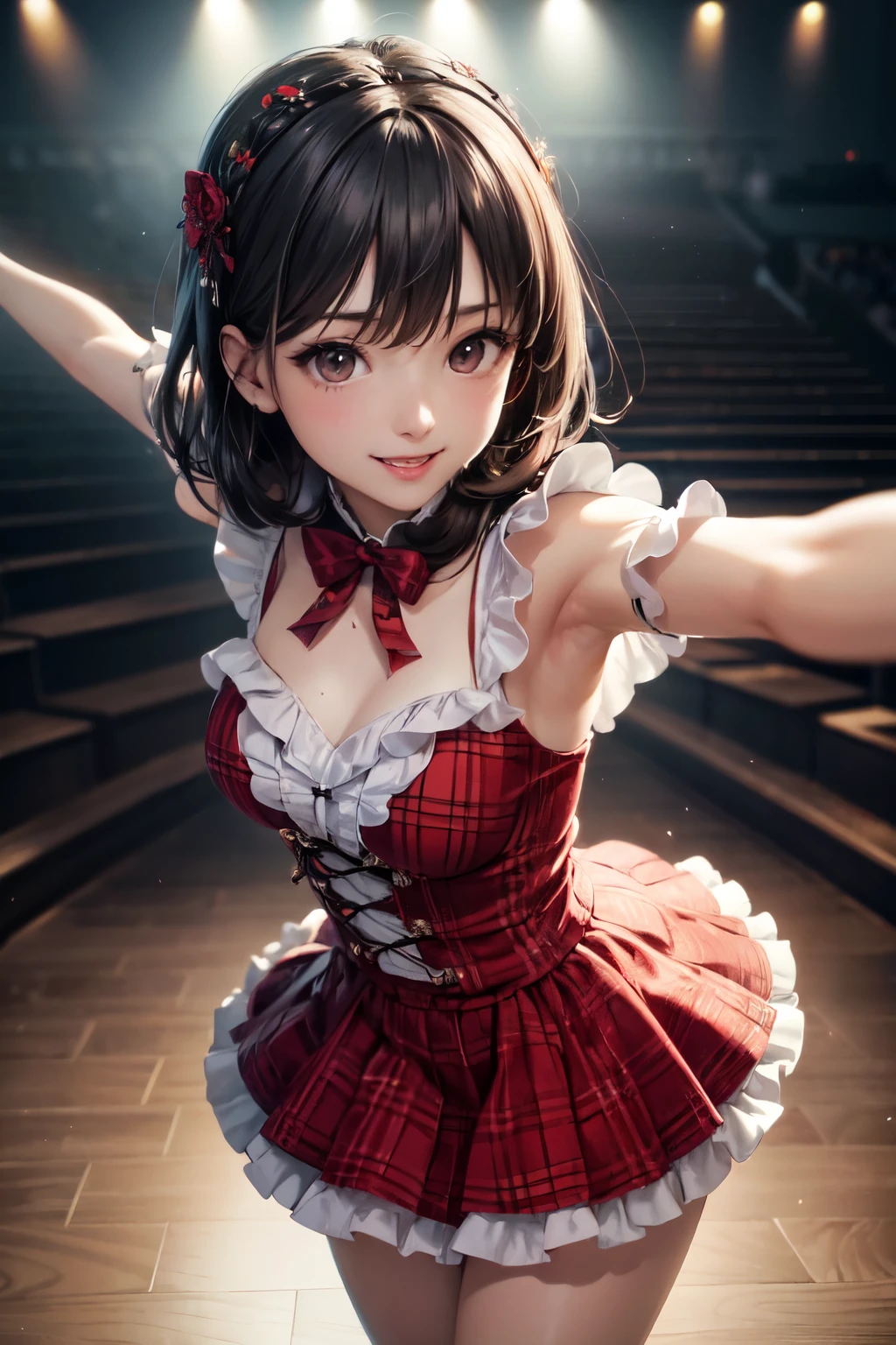 very cute and beautiful girl,(highly detailed beautiful face),(smile:1.2),happy,
black hair,looking at viewer,dancing,singing,beautiful legs,cowboy shot,
plaid scarlet idol costume like AKB48,teen akiba idol,detailed frills,
live stage,concert hall,spot light,
(best quality,masterpiece),absurdres,highres,ultra-detailed,extremely detailed,32k,8k resolution,
intricate details,cinematic scene,detailed background,solo,dynamic angle,