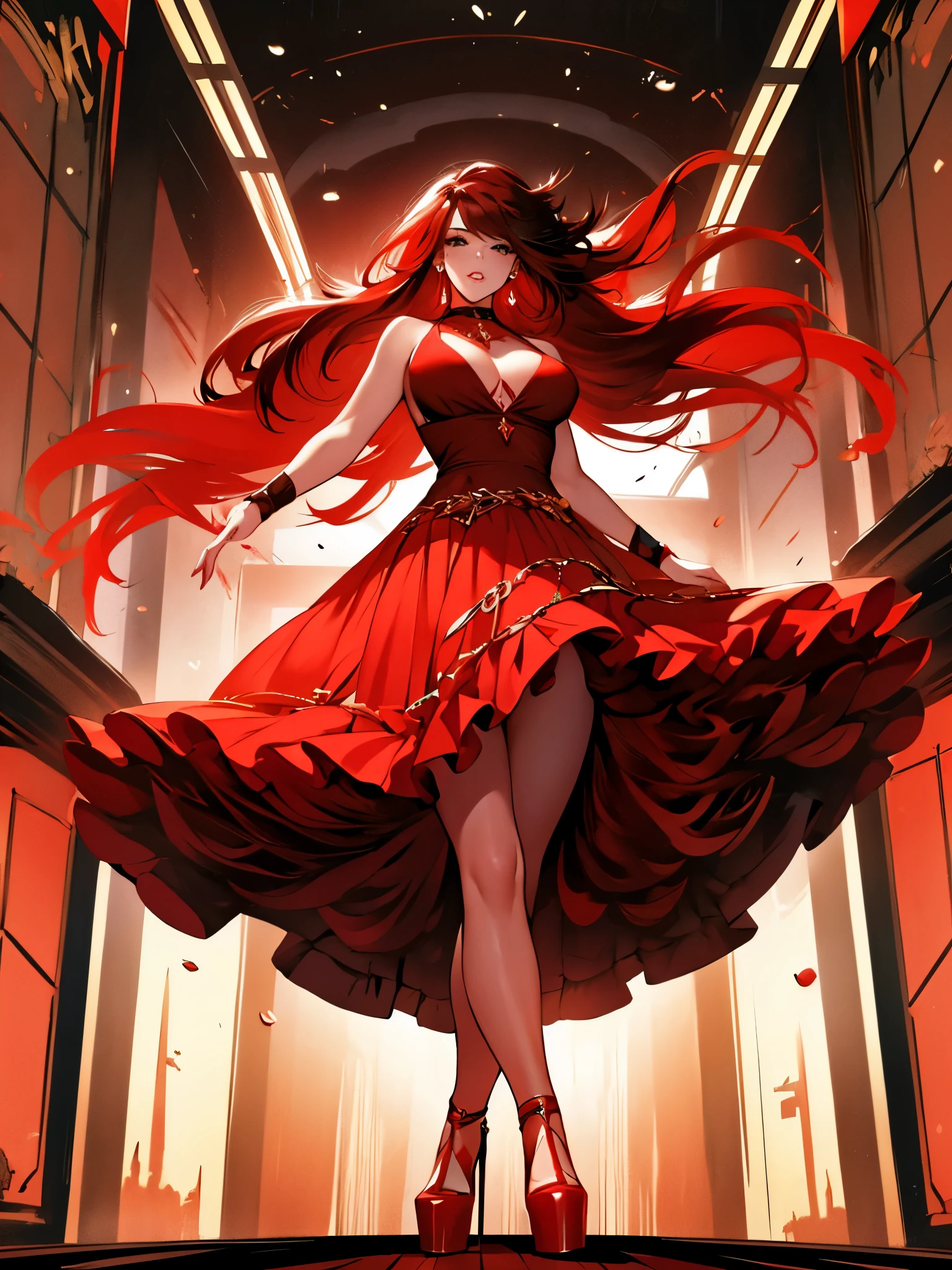 a girl, Bblack hair, 1980s (styled), blood red sleeveless dress, long hair, fully body, red platform heels, long red hair, clear green eyes, thick lips, round breasts,
