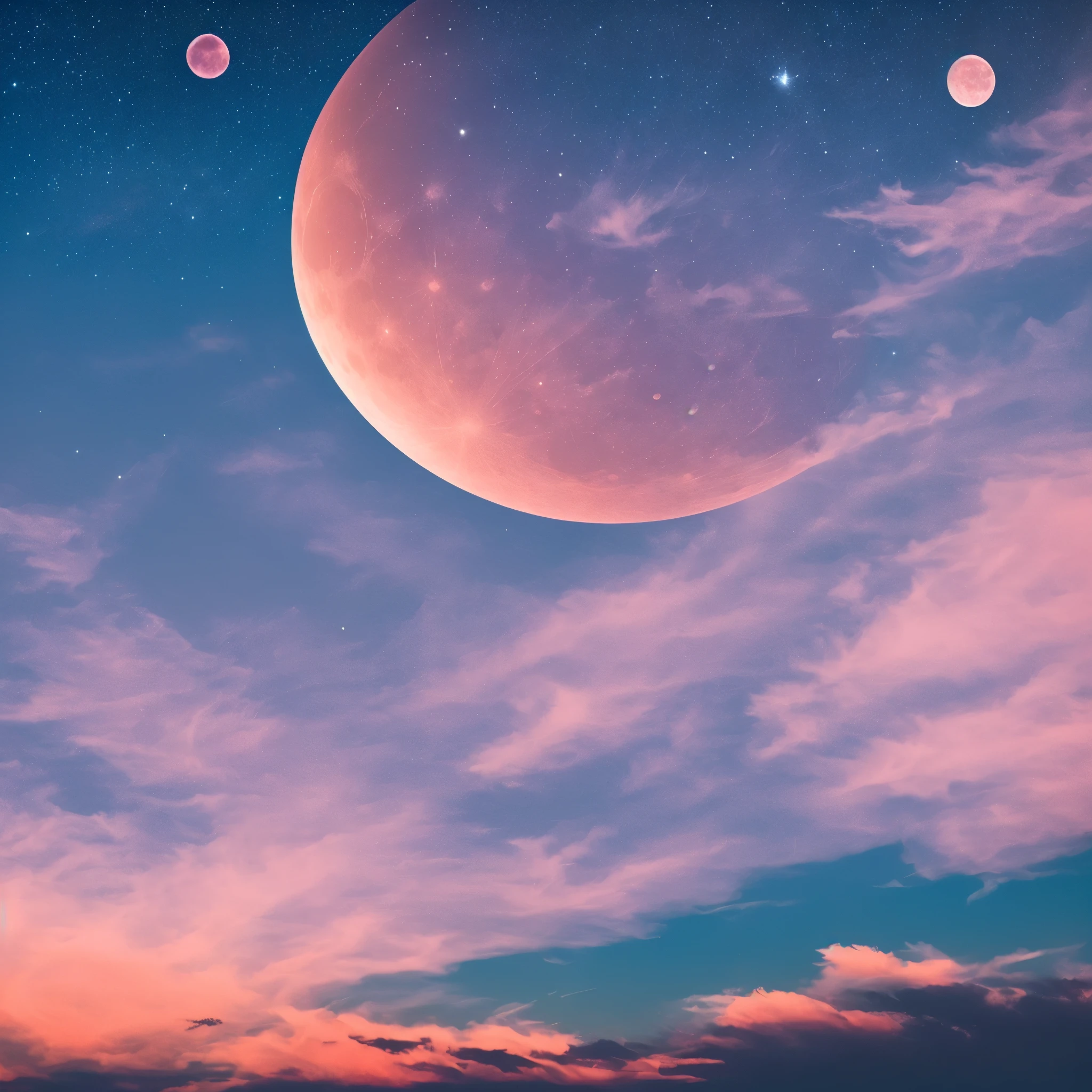 a pink moon in the sky with clouds and stars, a picture by Anna Haifisch, trending on unsplash, aestheticism, pink moon, ☁🌪🌙👩🏾, giant pink full moon, ✨🕌🌙, heaven pink, pink skies, beautiful as the moon, pink clouds, the sky is pink, moon in the sky