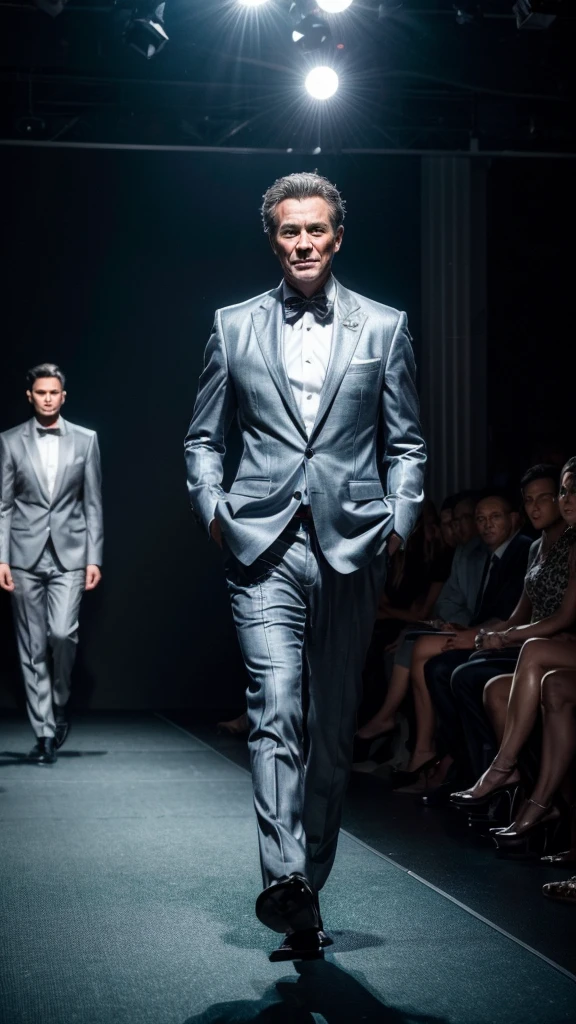 a middle-aged male fashion model, full body, comically dancing and walking down the runway, detailed facial features, elegant suit, dynamic pose, high fashion, dramatic lighting, cinematic composition, vivid colors, high-quality, photo-realistic