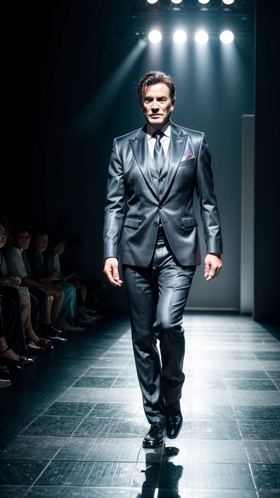 Elderly male fashion model、whole body、Wacky costumes、Walking comically down the runway