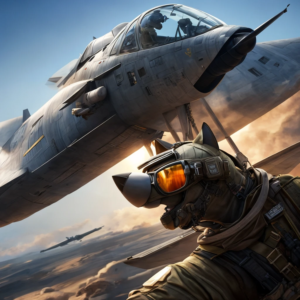 1 anthropomorphic cat, 1 cat pilot, extremely detailed pilot suit, highly detailed cockpit, military jet, aviator sunglasses, flight helmet, (best quality,4k,8k,highres,masterpiece:1.2),ultra-detailed,(realistic,photorealistic,photo-realistic:1.37),cinematic composition,striking dramatic pose,dynamic action scene,vibrant colors,volumetric lighting,depth of field,dramatic shadows