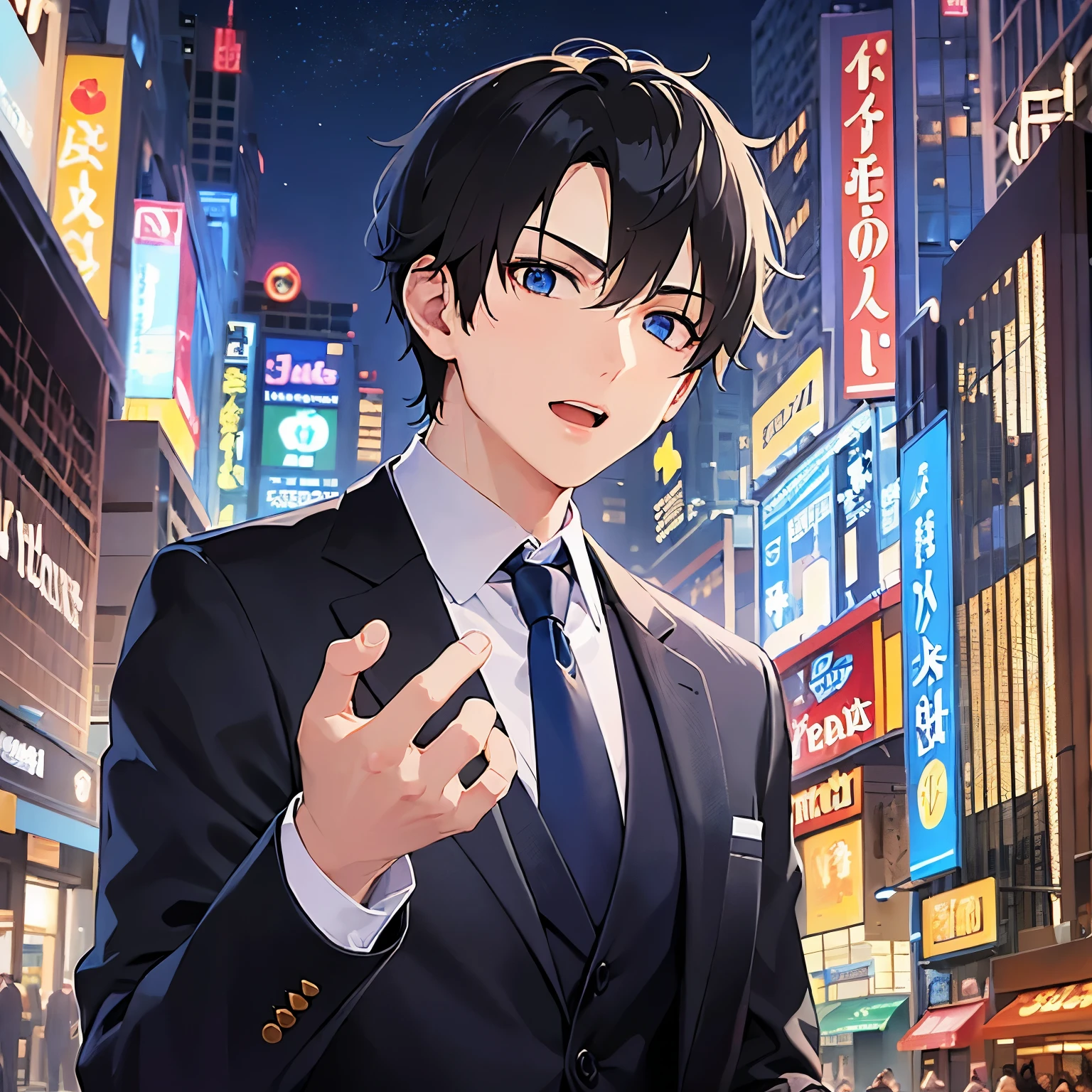 masterpiece、Highest quality、upper body,
(25-year-old male:1.5) and(Black short hair) and (blue eyes),
(suit:1.5) and (Blue tie)(suit:1.5) and (Blue tie)、
petrified、open mouth,The background is the city at night,(alone:1.5),Night Sky
