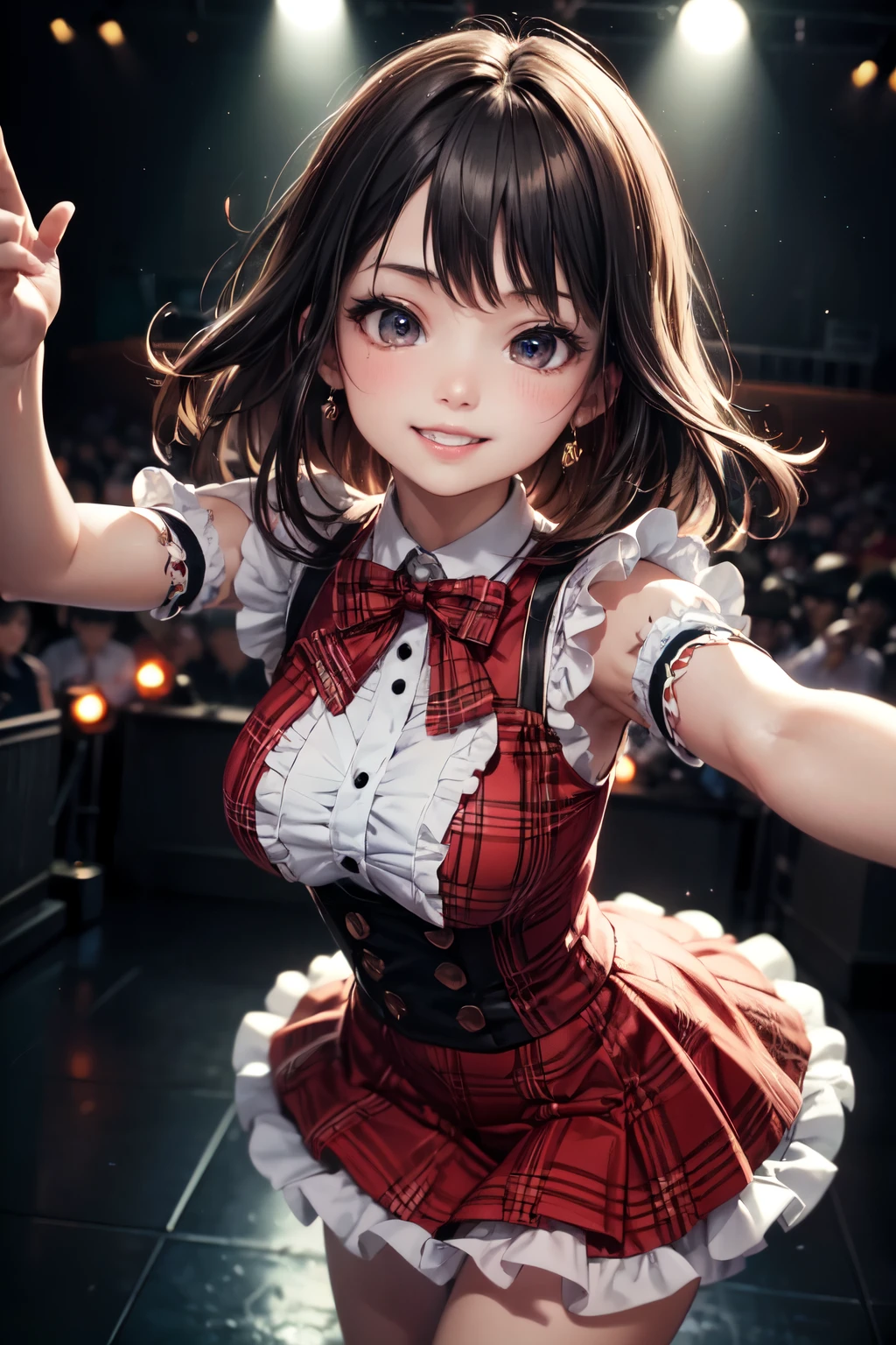 very cute and beautiful girl,(highly detailed beautiful face and eyes),(smile:1.2),happy,
black hair,looking at viewer,dancing,singing,beautiful legs,cowboy shot,
plaid navy blue idol costume like AKB48,teen akiba idol,detailed frills,
live stage,concert hall,spot light,
(best quality,masterpiece),absurdres,highres,ultra-detailed,extremely detailed,32k,8k resolution,
intricate details,cinematic scene,detailed background,solo,dynamic angle,