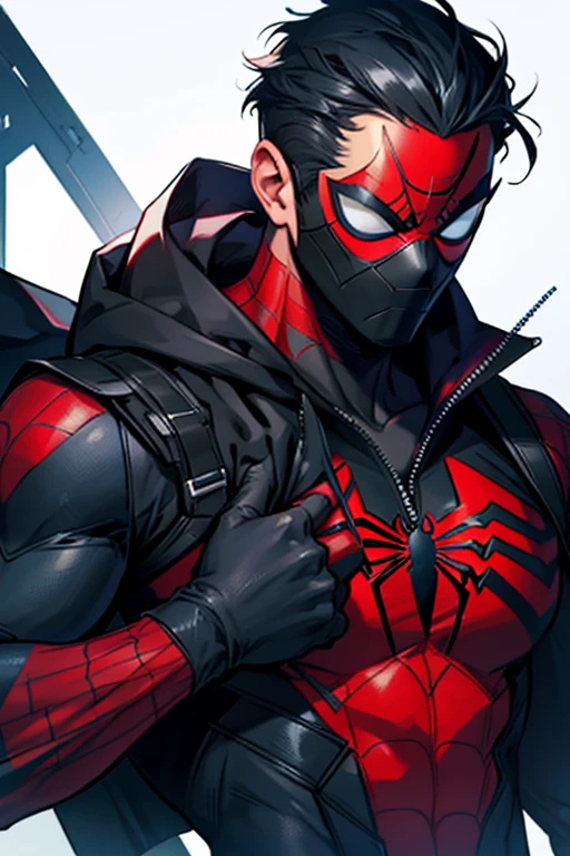 Black Suit with Red Webbing Spiderman suit with mask off, black hair white skin blue eyes man