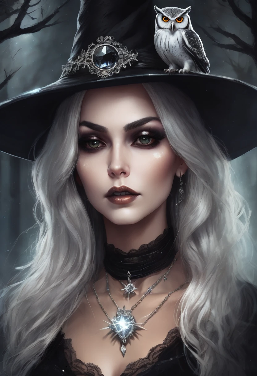 （Full length portrait：1.5），Sexy witch in a gothic style costume，Three crows stopped next to me，lunar desert，Surrealism，drawing，ink，acrylic drawing，masterpiece，gothic thriller style，gothic castle，Best quality，A high resolution，Super fine，tender eyes，facial details，hair details，accurate，Clear close-up eye focus