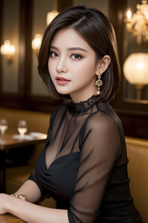 masterpiece, Highest quality, Realistic, Very detailed, Finer details, High resolution, 8k wallpaper, One beautiful woman, Wear an elegant black see-through blouse, In a great restaurant, At night, Light brown short hair, Perfect dynamic composition, Beautiful and beautiful eyes、Big earrings