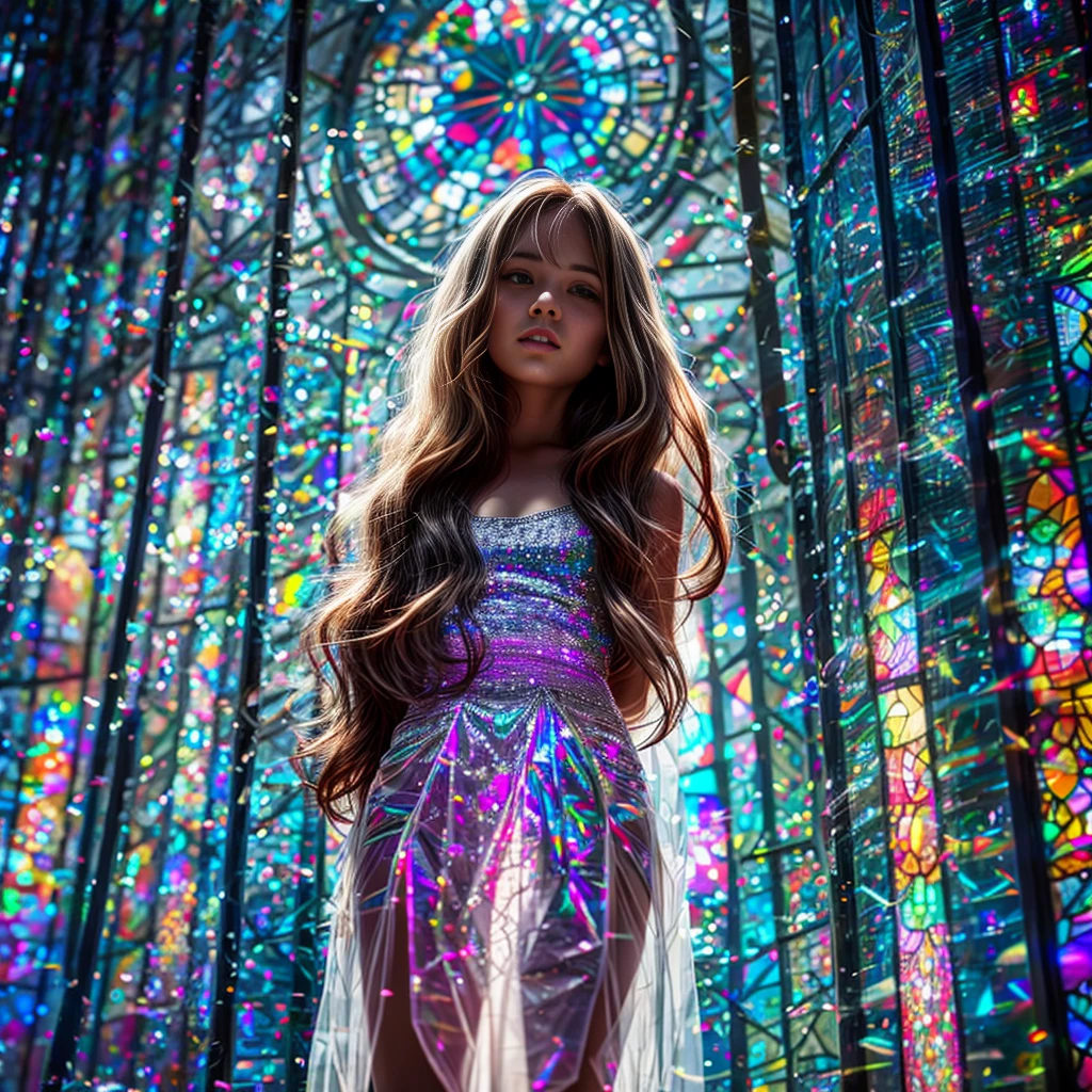 (Cathedral from below:1.28) (ZoomLayer) TopQuality 8K masterpiece of ((Professional photo)), (((Clarisse de Cagliostro))) (Detailed White WeddingDresses), Chain, (((Extremely detailed KAWAII face))) {((VeiledFace))|BlondeHair|(Elaborate BuleEyes)with(SparklingHighlights:1.28)}, The background is distant (((Elaborate stained glass))) Rainbow Glass, {(MysticSight)|EnchantingAtmosphere|Haze|(GodRays)|TyndallEffect}, Radiant PearlSkin with Transparency, (Exposed:0.39)