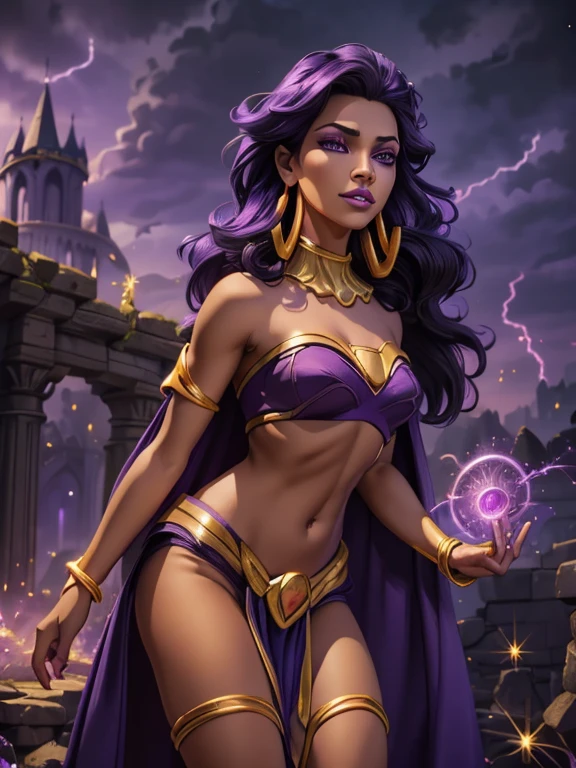 Fantasy style, Fantasy environment, A beautiful young sorceress (1 girl), dark-skinned female, with long purple flowing hair, purple eyes, purple iris, mascaras purple eyeshadow, smile, purple lipstick, medium breasts, ((Wearing: golden ringed earrings, purple cape, purple strapless top, purple loincloth, golden armlets, golden boots)), looking mature and alluring at 28 years old, (detailed eyes, detailed lips, extremely detailed face), both hands glowing bright purple, purple magic, bright purple sparks in both hands, intricate detailed portrait, photo realistic, 8k, highly detailed, cinematic lighting, warm color palette, detailed foliage, golden hour lighting, dramatic lighting, dramatic pose, sensual, alluring, captivating gaze, masterpiece, (Nighttime, ethereal and magical atmosphere, outdoors, dark clouds in the sky, purple lighting, purple and magenta aroura's in the surroundings, castle ruins background)
