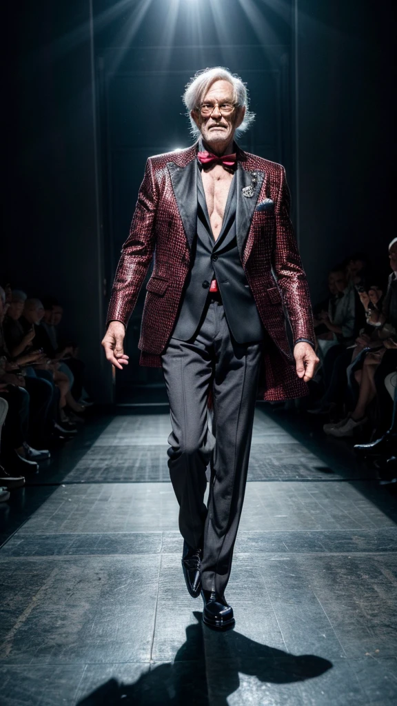 a male fashion model in his 60s, full body, wearing eccentric costume, comically dancing and walking on the runway, hyper-realistic, 8k, cinematic lighting, dramatic pose, high fashion, elegant, glamorous, haute couture, chiaroscuro, moody, dramatic, dynamic, striking