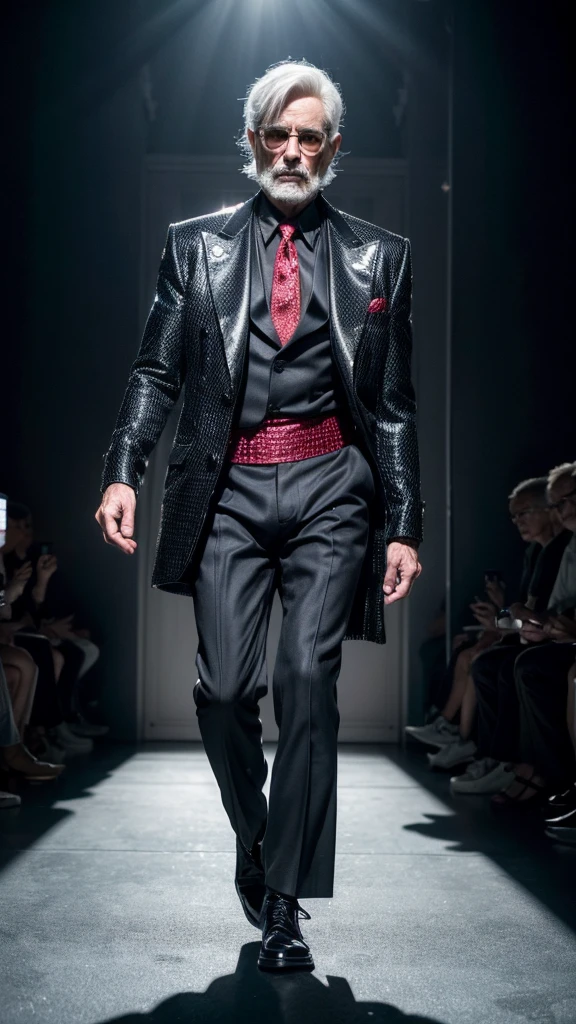 a male fashion model in his 60s, full body, wearing eccentric costume, comically dancing and walking on the runway, hyper-realistic, 8k, cinematic lighting, dramatic pose, high fashion, elegant, glamorous, haute couture, chiaroscuro, moody, dramatic, dynamic, striking