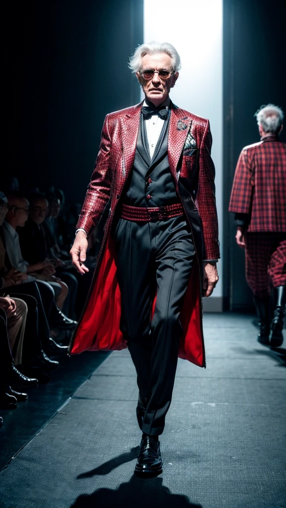 a male fashion model in his 60s, full body, wearing eccentric costume, comically dancing and walking on the runway, hyper-realistic, 8k, cinematic lighting, dramatic pose, high fashion, elegant, glamorous, haute couture, chiaroscuro, moody, dramatic, dynamic, striking