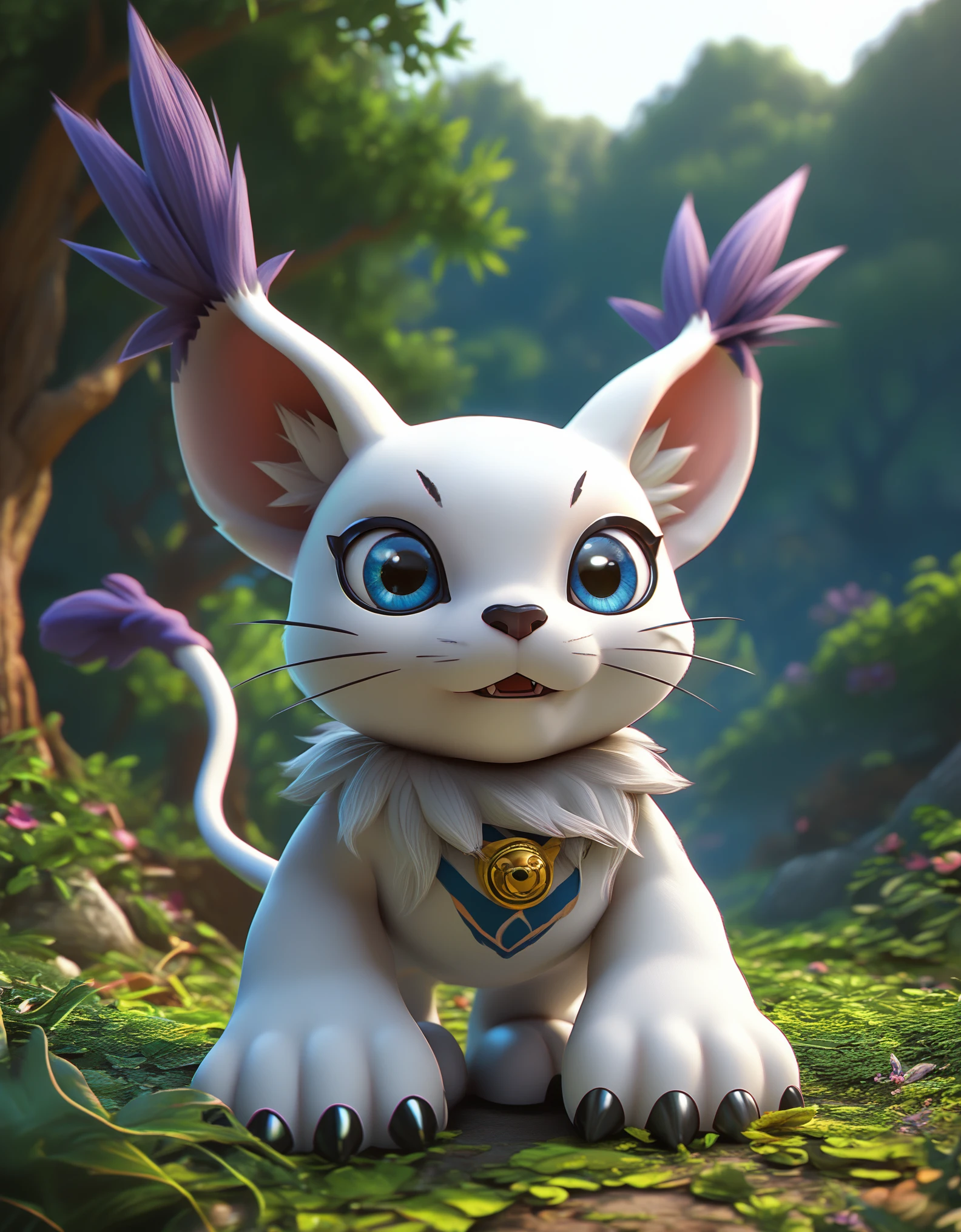  source_furry, absurdres, masterpiece, outstanding,, GATOMON, TAIL RING, RINGLESS, solo, digimon, in a forest, blue eyes, 