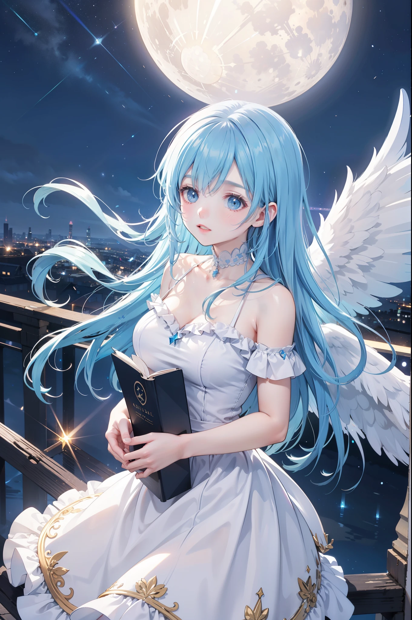 celestial 16-year-old angel girl, large transparent glowing blue glass wings, spreading wide, simple dress, floating in the night sky, beautiful stars and moon, bright blue city lights below, looking up, viewed from above, all elements glowing blue, world-class illustration, award-winning, fantasy illustration, vivid hues, detailed and soft lighting