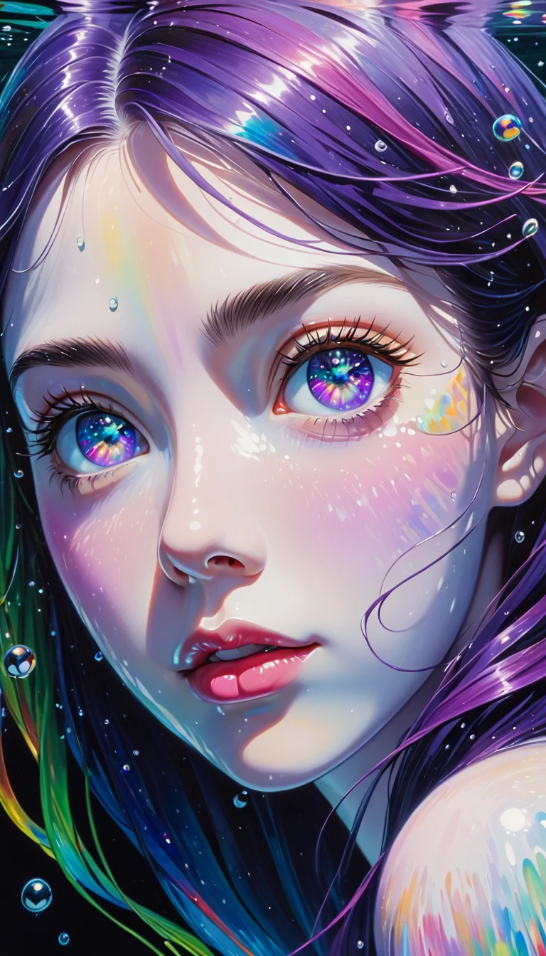 Girl swimming underwater,Ultra-detailed rendering style,Shine,,green,Brush,Surreal oil painting,Shine目,Head close-up,Exaggerated perspective,Tyndall effect,Water Drop,Mother of pearl rainbow color,holographic white,Black background,Purple Eyes,There are stars in your eyes、Purple Hair