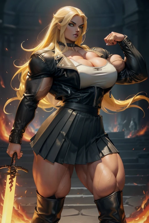 ((Close-up)), tall, (yellow hair) beautiful muscular woman, long flowing hair, light brown skinned, closed smile, (black lipstick), (massive muscles), (hyper muscle), (ginormous bulky muscles), glowing gray eyes, ((leather jacket and long pleated skirt)), (carrying a fire sword), choker, boots, night in a fire castle,