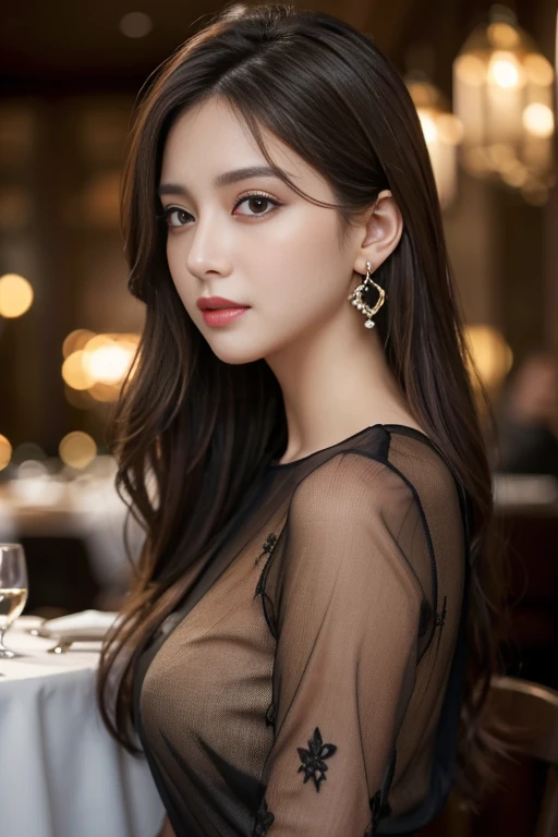 masterpiece, Highest quality, Realistic, Very detailed, Finer details, High resolution, 8k wallpaper, One beautiful woman, Wear an elegant black see-through blouse, In a great restaurant, At night, Light brown messy hair, Perfect dynamic composition, Beautiful and beautiful eyes、Big earrings