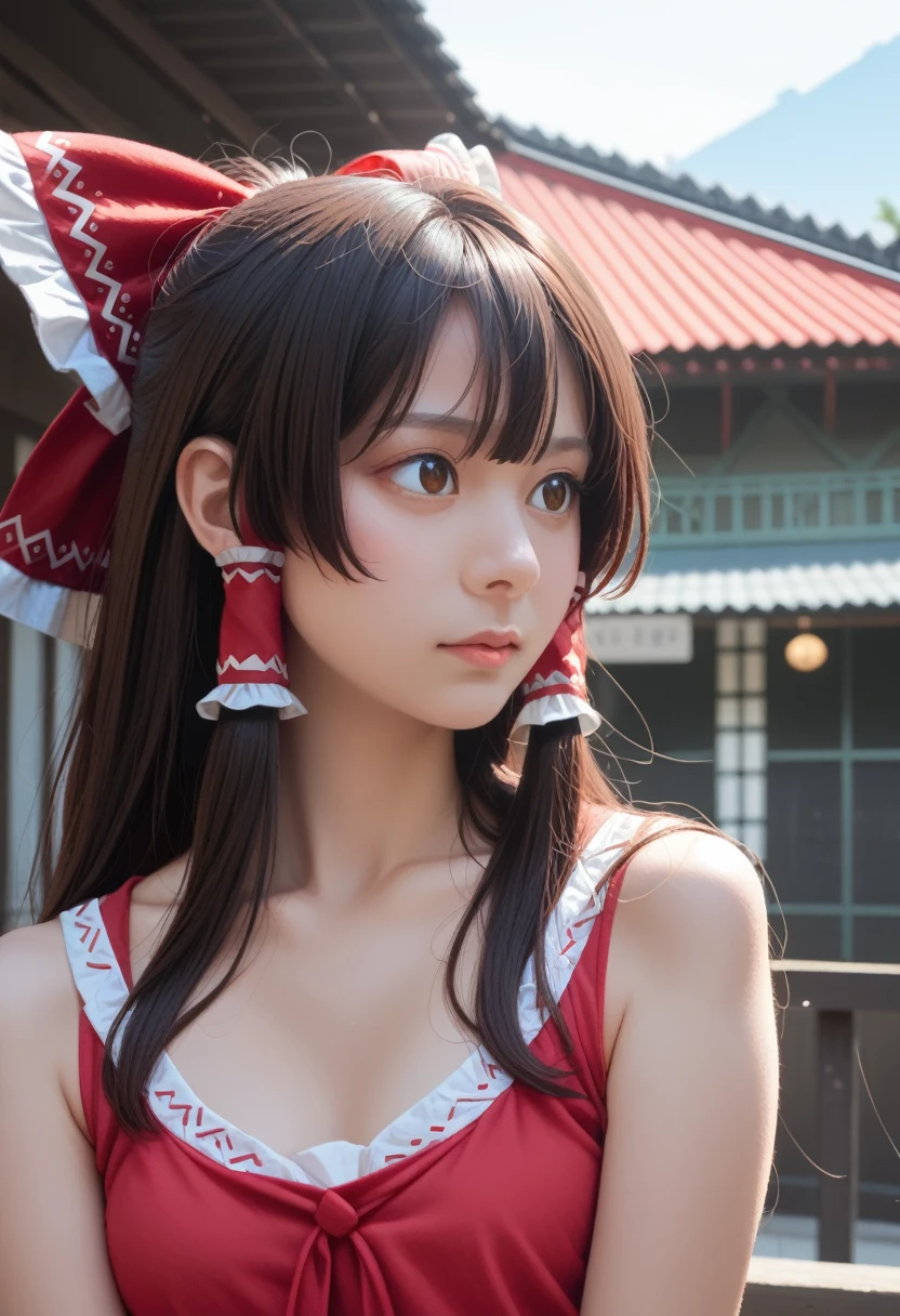 masterpiece, best quality, SFW, rich and colorful, 1 Girl, Solitary, Reimu Hakurei, Brown hair, Brown eyes, Long hair, Capillary, Small Breasts, 蓝色background, 蓝色background, 粉红色background, background, 圆点background, (Halftone)