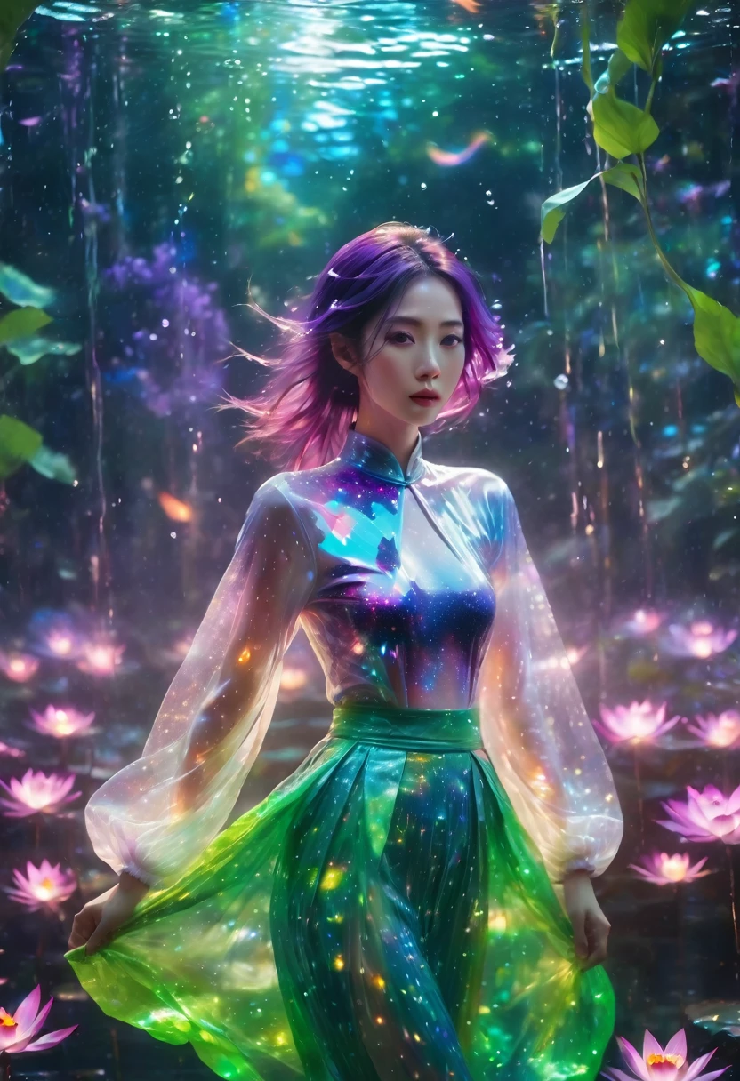 1 Asian Woman, beauty,Surrealism,Modern designer fashion,Sexy transparent tights,Chest covered in holographic color,Transparent long sleeves,leggings,Galaxy patterns flash on her skin,Transparent rubber skirt,She is surrounded by a dreamy floral landscape,Energetic,Lotus flowers are blooming,Capture the light and color of your surroundings。The woman looks calm,Flowing Hair, The light is soft and diffused,Emphasizing the transparency of the costume and the radiance of the skin,flash, Backlight,translucent,The movement of light particles is blurred,Cinematic lighting effects,Fractal Background,Girl swimming underwater,Ultra-detailed rendering style,Shine,,green,Brush,Surreal oil painting,Shine目,Head close-up,Exaggerated perspective,Tyndall effect,Water Drop,Mother of pearl rainbow color,holographic white,Black background,Purple Eyes,There are stars in your eyes、Purple Hair