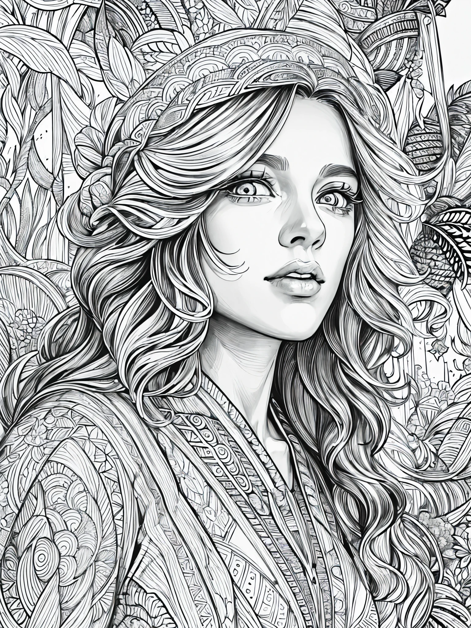 (Black and white coloring book:1.5), line drawings, masterpiece, best quality, ultra-detailed, high resolution, Very detailed face, (Eyes clear and distinct lines), Hair is white color, Full body shot, A woman in a practical yet elegant dress like an explorer would wear on safari, Hyper detailed crisp black line draw, ((simple white color)), Fibonacci