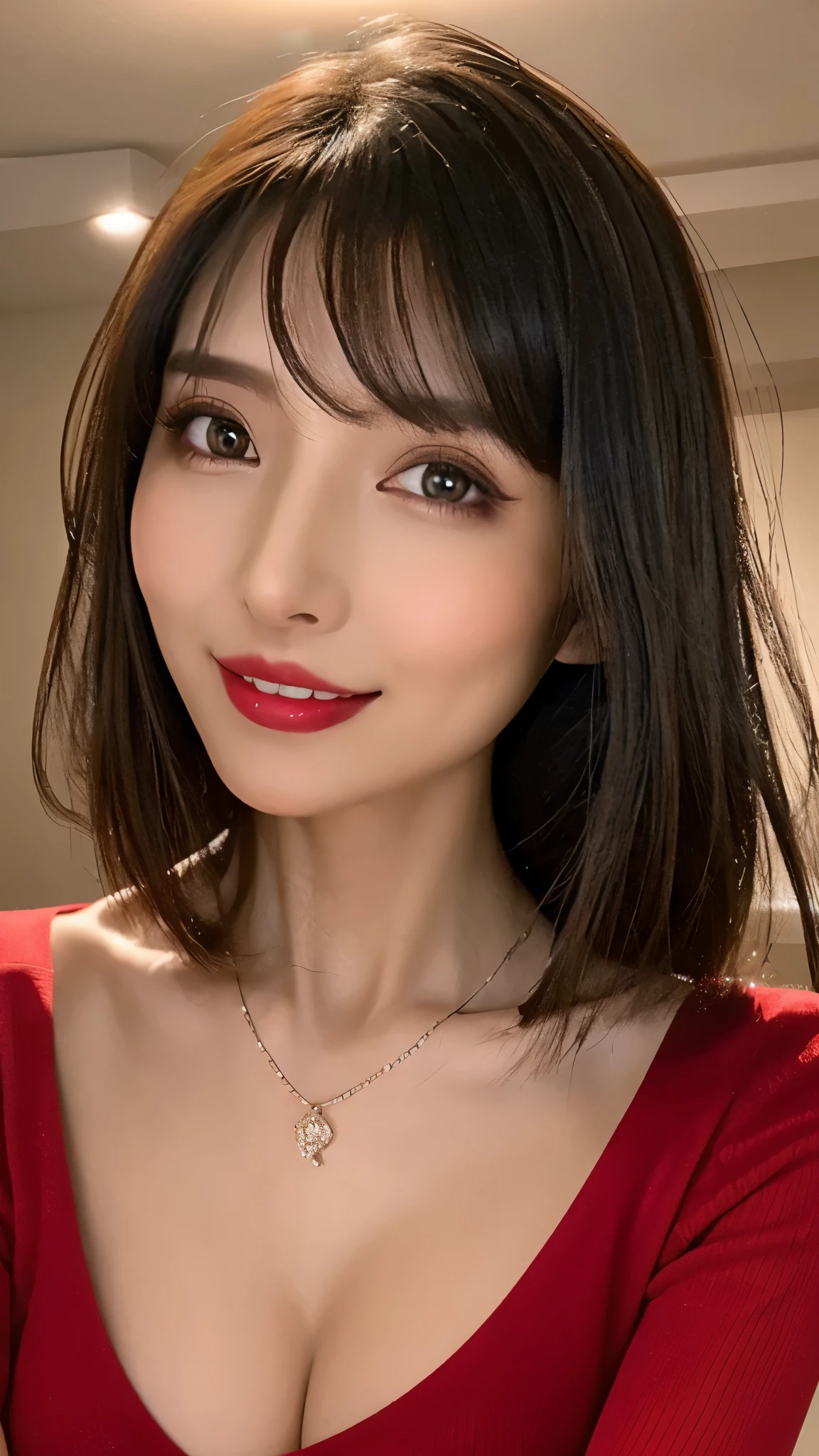 (Highest quality、On the table、8k、Best image quality、Award-winning works)、( girl, 14 ye、(The perfect V-neck long red sweater:1.2)、(Red eyeshadow:1.2)、Perfect Makeup、Long eyelashes、Ultra HD Shining Eyes、Ultra HD Hair、Ultra-high resolution glossy lips、Ultra High Resolution Perfect Teeth、Ultra HD cute face、Brown Hair、(Very short straight hair:1.1)、Look at me and smile、[clavicle]、Accurate anatomy、Luxury Love Hotel、(The most atmospheric warm light:1.2)、Blurred Background、Has bangs、Ultra-high-definition, shiny, moisturized face、Ultra-high resolution glowing skin、The most delicate face、Super high resolution detailed faces、ultra high resolution hair、Ultra high resolution glowing eyes、Beautiful face with detailed expression、Ultra high resolution glossy red lips、Big Breasts、Split、Fashion Necklace、White camisole