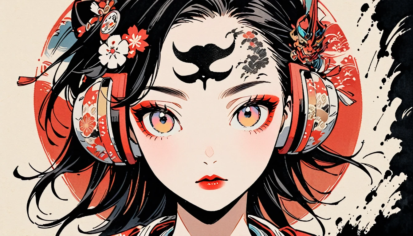(((Ink Painting))), Fashion portrait color photos, (((1 girl))), (((Tattoo in the center of the forehead))), (((Very flashy hair accessories))), (((Very flashy makeup))), Japanese style headphones, devil, face close-up, front view, Japan人の美少女, Black Hair, Delicate and precise, Modern ukiyo-e style,Japan, Japanese flag