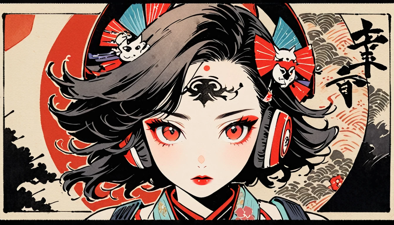 (((Ink Painting))), Fashion portrait color photos, (((1 girl))), (((Tattoo in the center of the forehead))), (((Very flashy hair accessories))), (((Very flashy makeup))), Japanese style headphones, devil, face close-up, front view, Japan人の美少女, Black Hair, Delicate and precise, Modern ukiyo-e style,Japan, Japanese flag