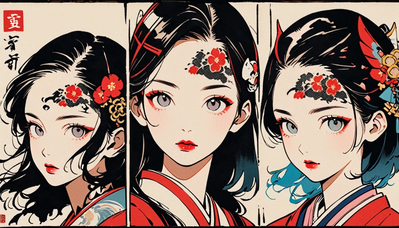 (((Ink Painting))), Fashion portrait color photos, (((1 girl))), (((Tattoo in the center of the forehead))), (((Very flashy hair accessories))), (((Very flashy makeup))), Japanese style headphones, devil, face close-up, front view, Japan人の美少女, Black Hair, Delicate and precise, Modern ukiyo-e style,Japan, Japanese flag