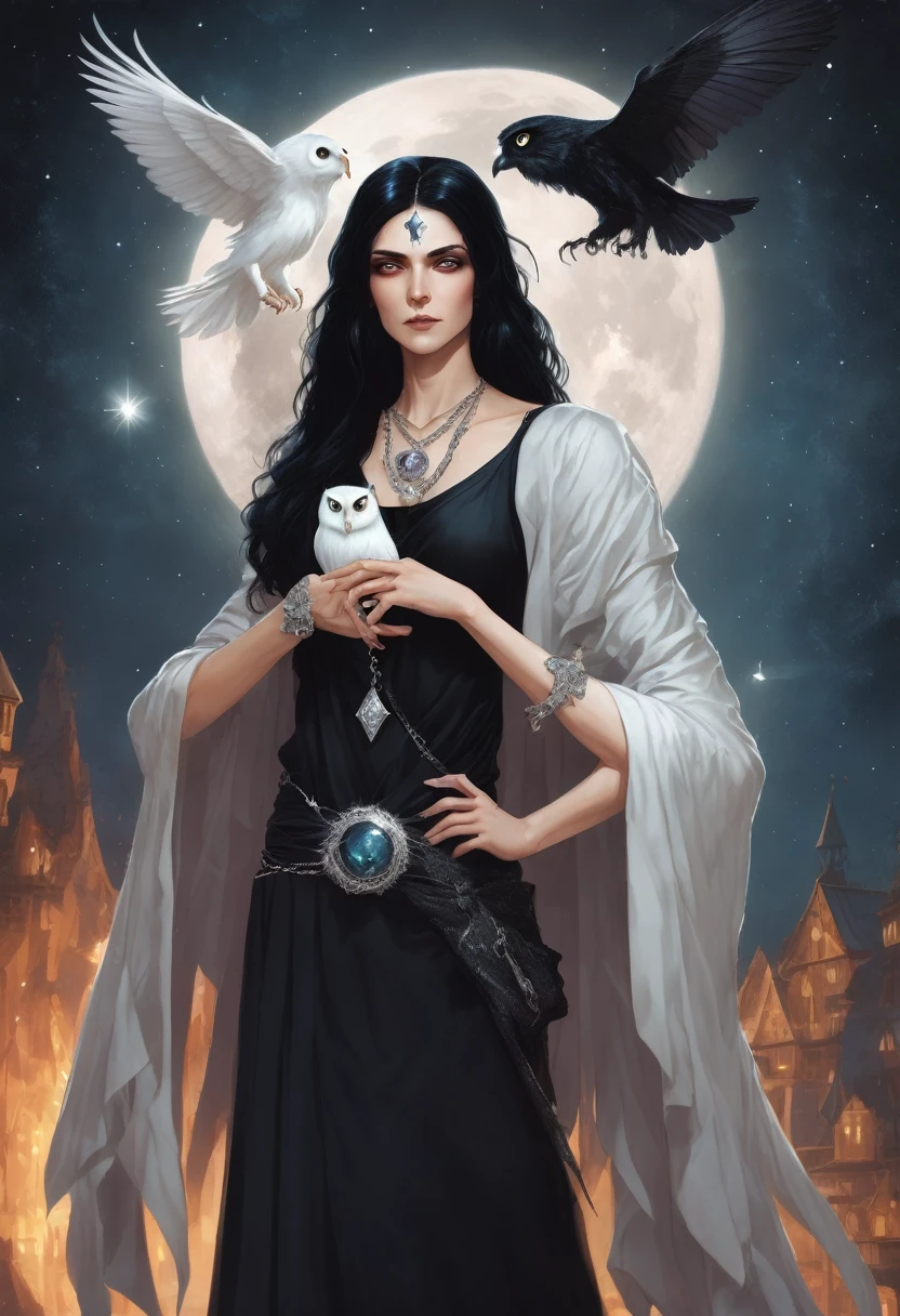 A beautiful and powerful witch, with long black hair, holding a diamond in his hands, wearing a shining star necklace, and a white owl perched on his shoulder.