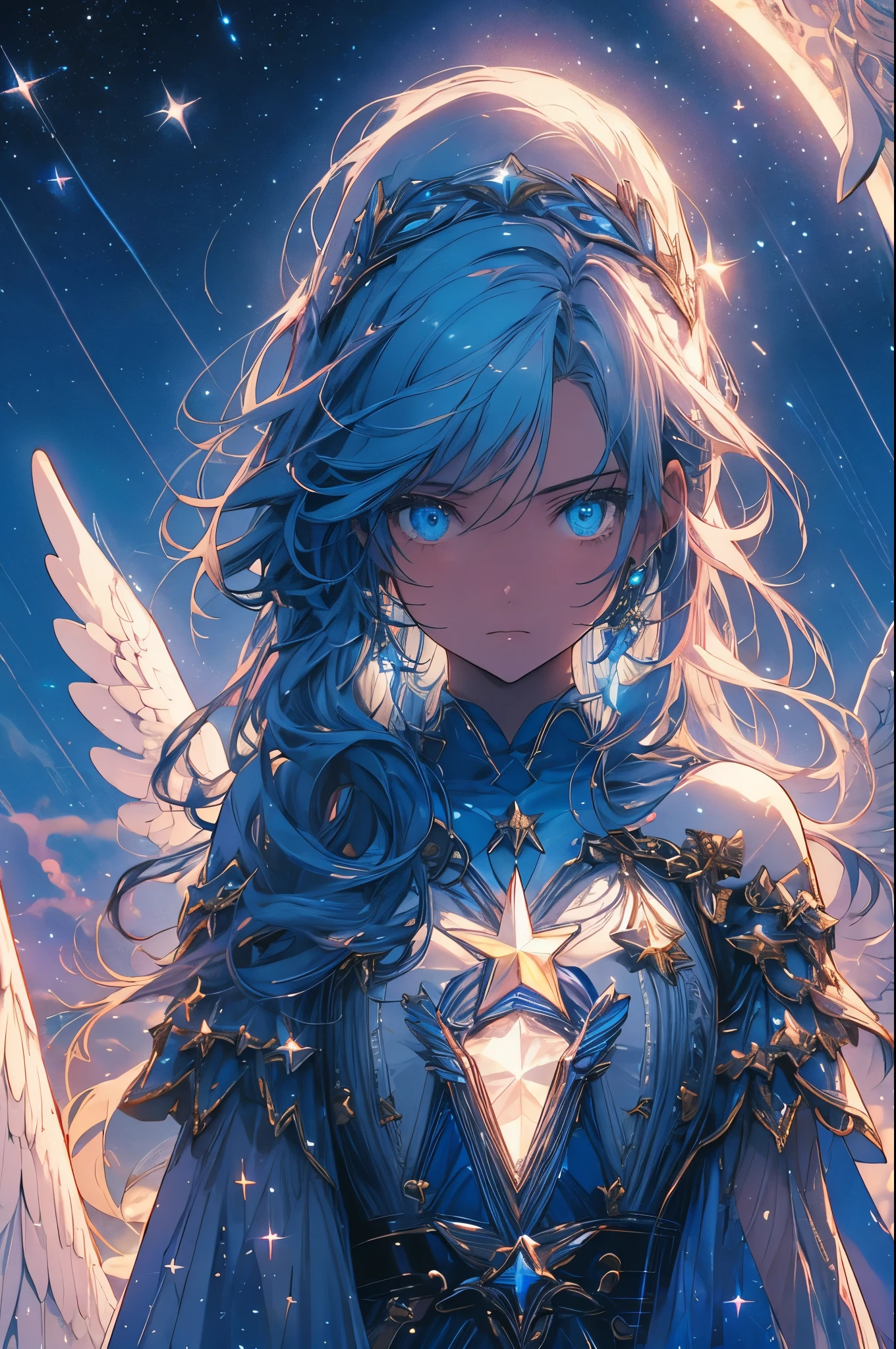 RAW Photos, Realistic, Ultra-realistic, celestial 16-year-old angel girl, large transparent glowing blue glass wings, spreading wide, simple dress, floating in the night sky, beautiful stars and moon, bright blue city lights below, looking up, viewed from above, all elements glowing blue, world-class illustration, award-winning, fantasy illustration, vivid hues, detailed and soft lighting, Highest quality, masterpiece, Ultra-high resolution, 8K