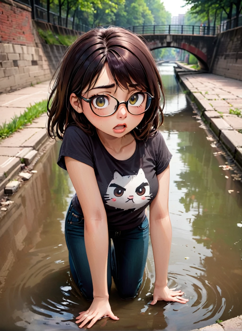 A wide-angle shot of shot of a bespectacled, slightly overweight 27-year-old girl. She is wearing a black t-shirt and black jeans. Her hair is dark brown and full The camera captures the girl's anxious face,  her eyes scanning the surroundings, her expression twisted in discomfort, as kneels from a concrete promenade over the murky waters of the Cuyahoga River's canal. The soft focus highlights her self-consciousness. She bends down, and the camera captures the subtle tension in her posture. The canal's murky waters reflect the gloomy atmosphere as the girl yields to her nasty habit; ultimately vomiting in the canal. In this gloomy moment of self-indulgence, the framing emphasizes her solitary nature and the canal's grimy texture. She takes a moment to collect herself before yielding to the urge, her body swaying slightly. The dull, warm lighting accentuates the canal's pollution, mirroring the girl's inner turmoil.