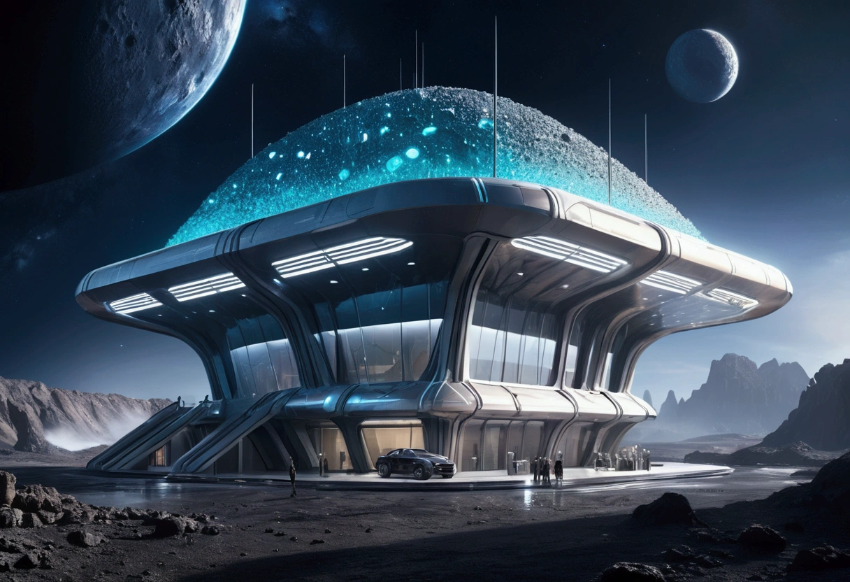 A futuristic carwash building situated on an asteroid in space