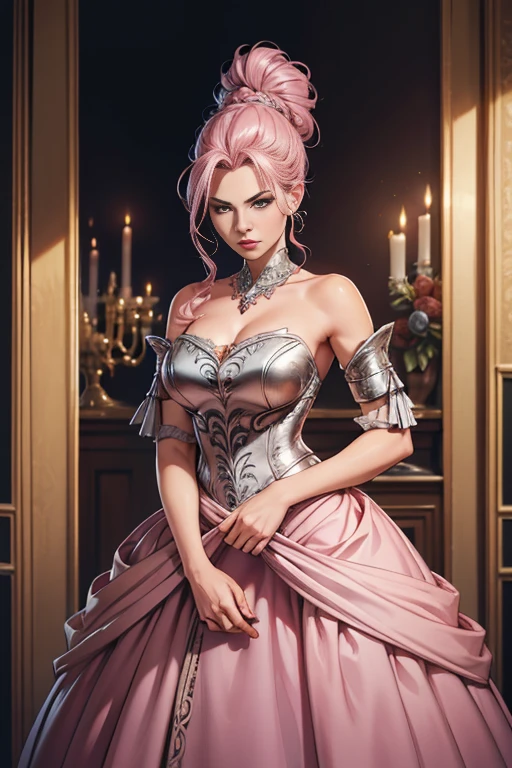 Woman, serious, warrior, armors, chic, pink dress, aristocratic, silver elements, long nails, bared shoulders, coiffure, hair up, braid and ponytail, messy, haughty, absurdrez, detailed dress, royaltly, celebration, hall decorated with flowers, cowboy shot, portraite, (best qualityer), (work of art), (highy detailed), (4K)