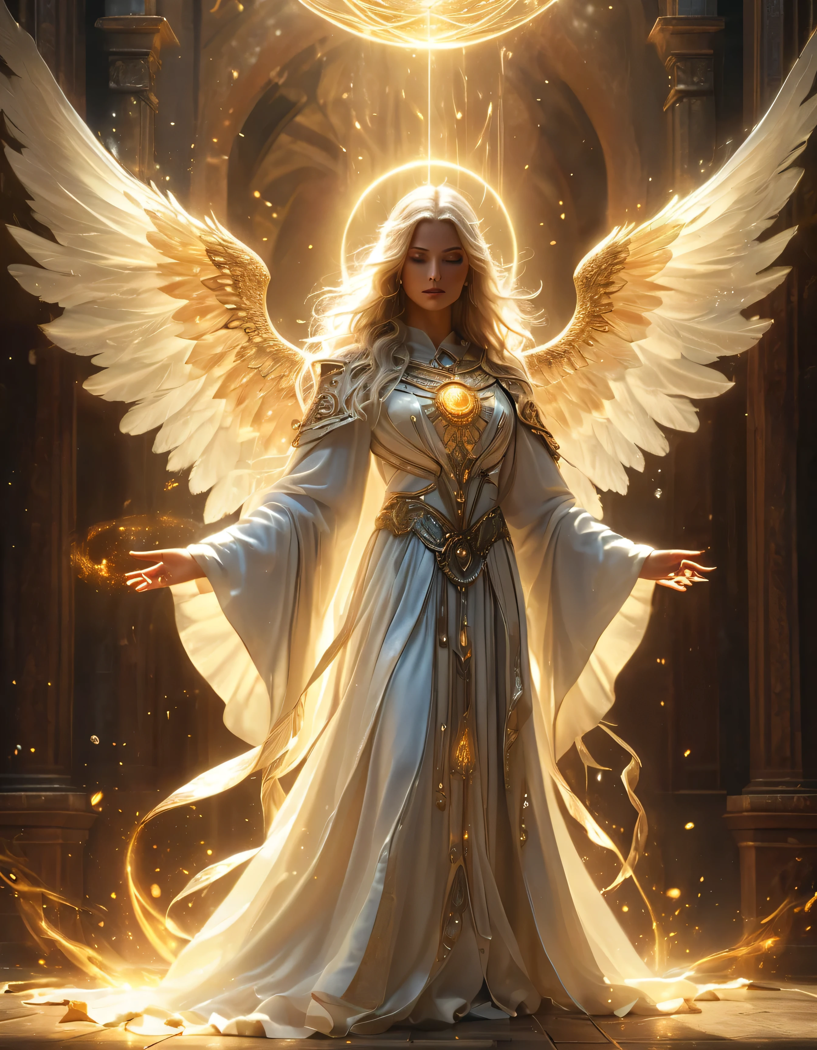 (best quality,4k,8k,highres,masterpiece:1.2),ultra-detailed,(realistic,photorealistic,photo-realistic:1.37),summoned from a magic square,dimensions-shifting holy priest,imposing angel figure,otherworldly,beautiful,highly detailed face and body,white angelic robe,mystical aura,glowing fiery eyes,warm,heavenly atmosphere,dramatic lighting,cold color palette,magical particles swirling around,angleic energy emanating,powerful presence,ethereal beauty,captivating gaze,calming presence,mesmerizing,enchanting
