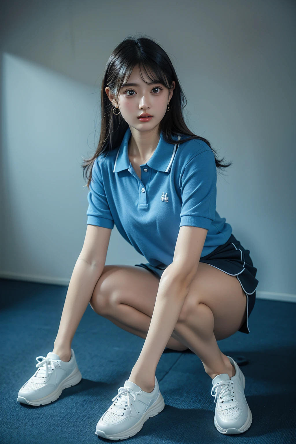(solo:1.2), (a detailed full-body RAW photo of a girl), (masutepiece:1.0), (Best Quality:1.4), (超A high resolution:1.2), (Photorealistic:1.4), 8K resolution, Canon EOS R5, 50mm, absurderes, ultra-detailliert, (25 year old), Sharp Focus, Cinematic lighting, Detailed beautiful face, (no-makeup:1.2), (ulzzang -6500-v1.1), petite figure, Detailed skin texture, flat chest, (skinny and fit body:1.6), Detailed brown hair,  sweltering,(Very short hair:1.5), (Very thin fit and short white nike polo shirts:1.5), (very short skyblue tight mini skirts:1.5), (up skirts:1.4), realistic glistening skin, detailed texture, (Japan athletes:1.5), (flat chest:1.5), (no bra:1.5), (Erect nipples:1.5), (wet wear:1.5), (Stick out buttocks and look back:1.5), (Skin color that can be seen through panties:1.5), (hip fourcus:1.5), (suntan:1.5), (small chest:1.5), (Skin color that can be seen through polo shirts:1.5), (nsfw:1.5), ((lift skirts:1.5)), (going up the stairs and look back:1.5), (from below:1.5), (hip fourcus:1.5), (see-through:1.5), (panty shot:1.5), (halfway up the stairs:1.5), (full body)