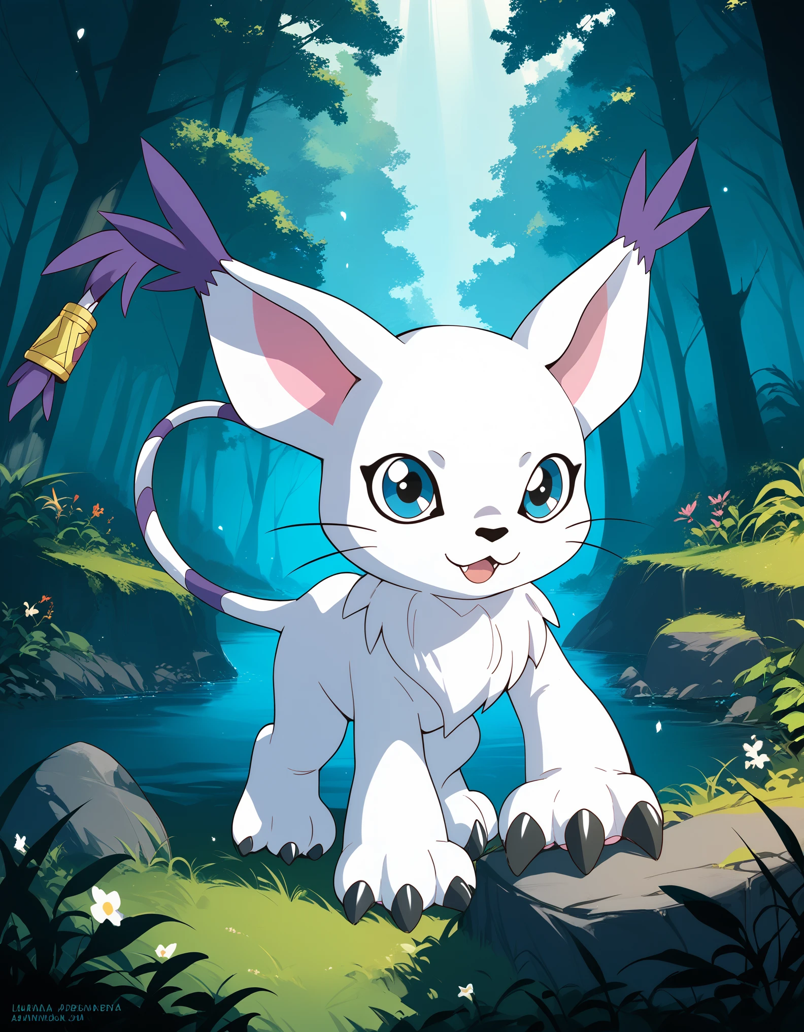  source_furry, absurdres, masterpiece, outstanding,, GATOMON, TAIL RING, RINGLESS, solo, digimon, in a forest, blue eyes, 